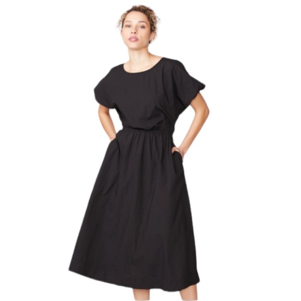 Stateside Black Summer Midi Dress Puff Sleeve Sz Large Coastal Beachy - Picture 13 of 13